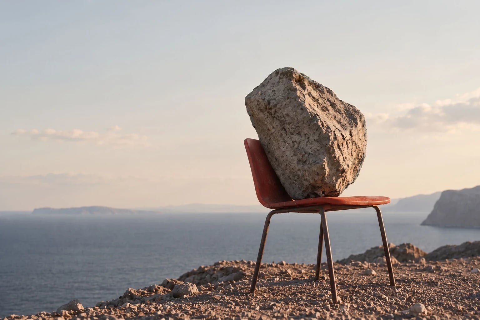 A large boulder resting on a red chair at a cliff edge above the sea at dusk.