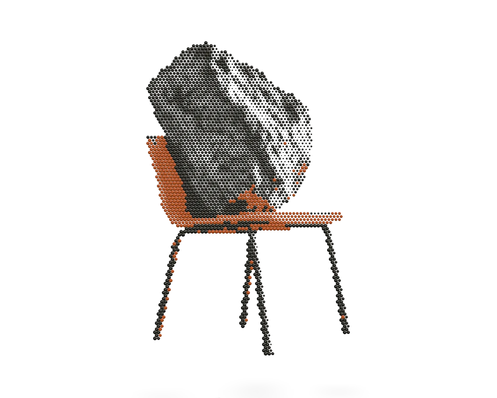 A cloud of ink and ember beads that, from this angle, forms a halftone picture of the boulder on the red chair.